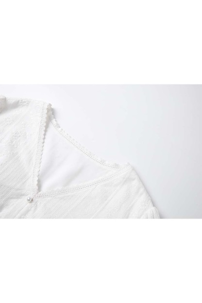 French Cotton Embroidered V-Neck Dress