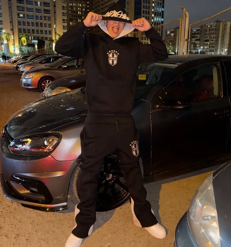 American Hip-hop Street Loose Sports Suit Retro Gray Letter Pullover Hoodie Women Casual Oversized Straight Wide-leg Pants Men