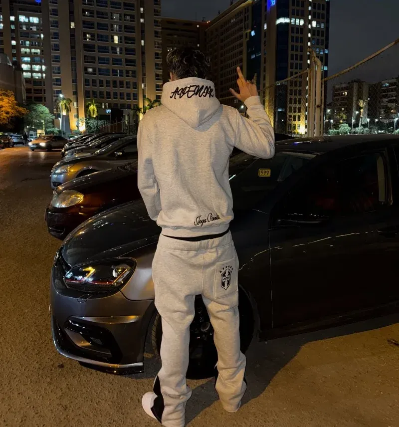 American Hip-hop Street Loose Sports Suit Retro Gray Letter Pullover Hoodie Women Casual Oversized Straight Wide-leg Pants Men