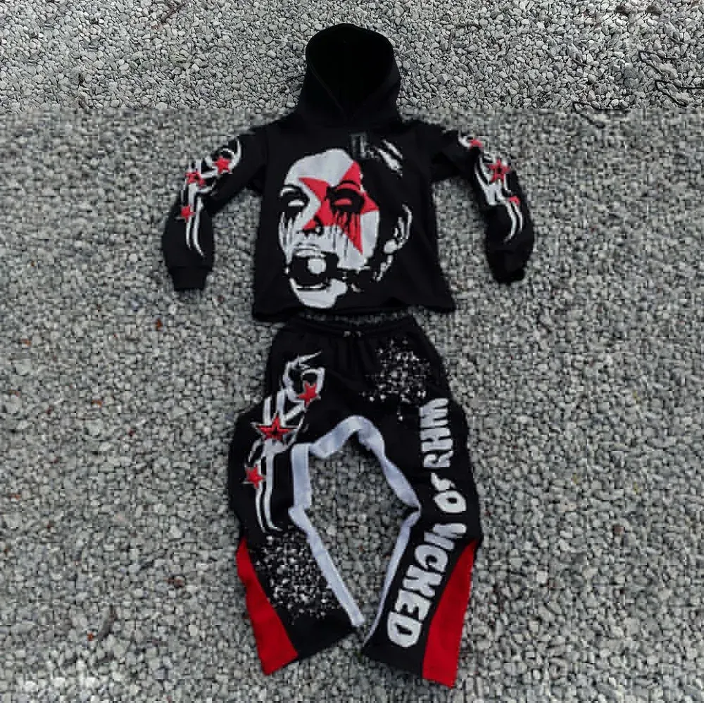 Y2K Autumn/Winter Hoodie Suit Flared Trousers Oversized Men's clothing  Fashion Trend High Street Pants Casual Sets 2024