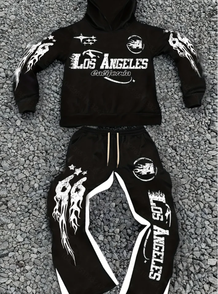 Men's Street - style Casual and Stylish Hooded Set with Black - and - White Color Blocking and Los Angeles Alphabet Print
