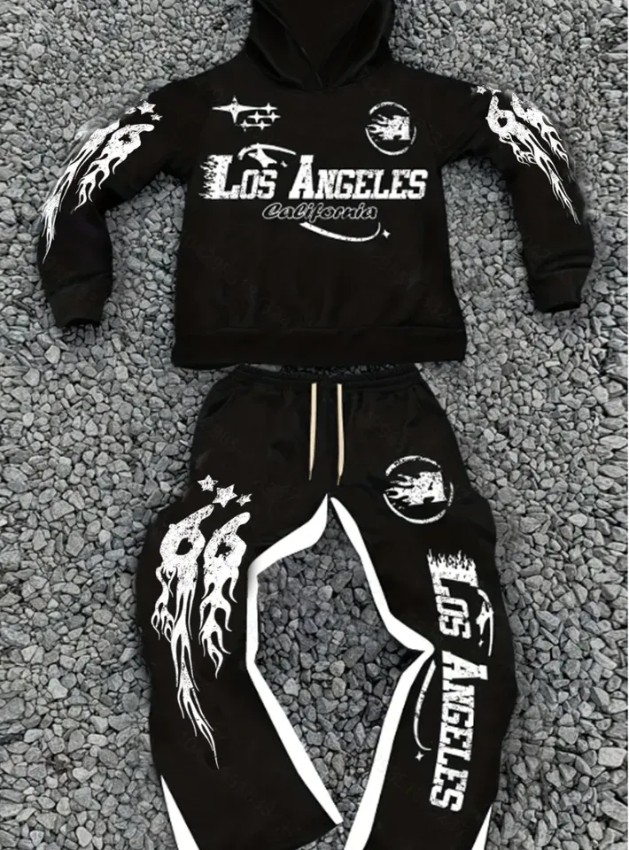 Men's Street - style Casual and Stylish Hooded Set with Black - and - White Color Blocking and Los Angeles Alphabet Print