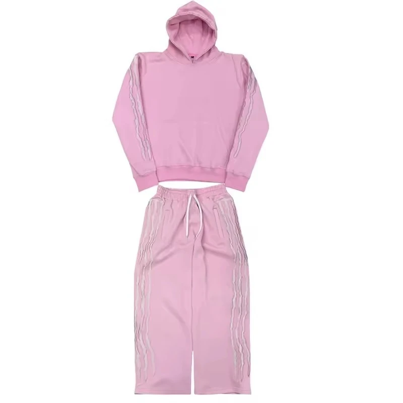 2 Pcs Tracksuit Co-ords Y2K Retro Casual Sweatpants Pullover Stripe Embroidery Fleece-lined Trendy Streetwear Unisex Sports Suit