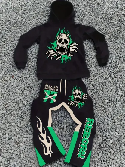 Men's American - style Street - wear Hoodie and Joggers Set Distinctly Showcasing Skull, Flame and Number 77 Elements Trend