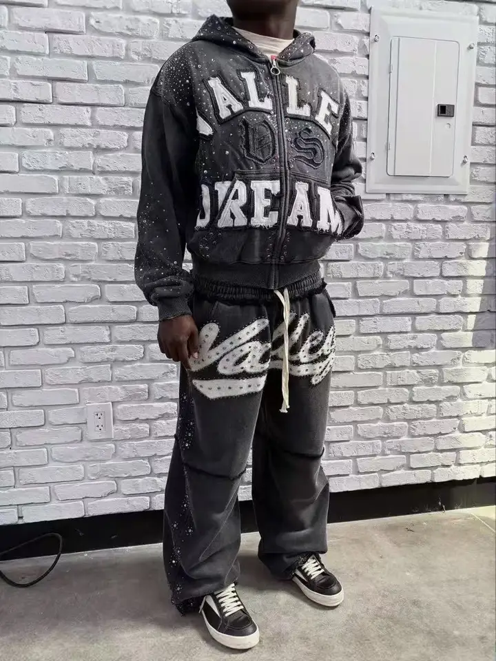 Y2K New American Gothic Punk Sportswear Two Piece Set Unisex Hip Hop Rock Patch Print Loose Zip Hoodie Fashion Casual Sweatpants