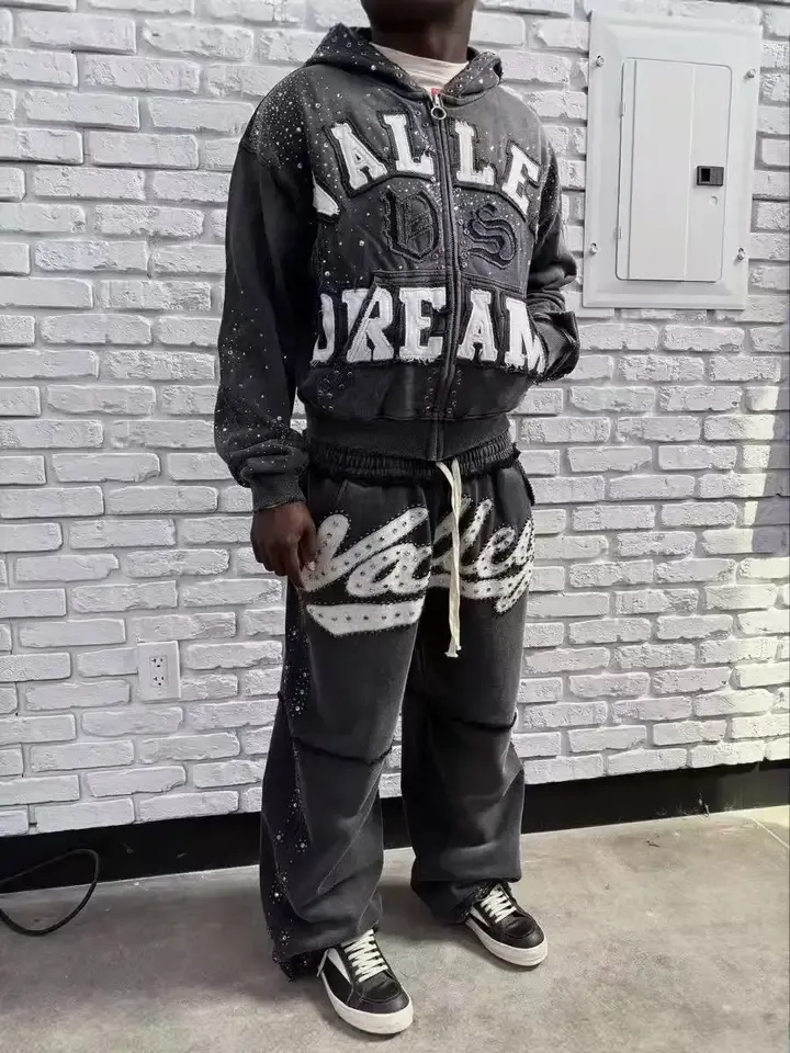 Y2K New American Gothic Punk Sportswear Two Piece Set Unisex Hip Hop Rock Patch Print Loose Zip Hoodie Fashion Casual Sweatpants