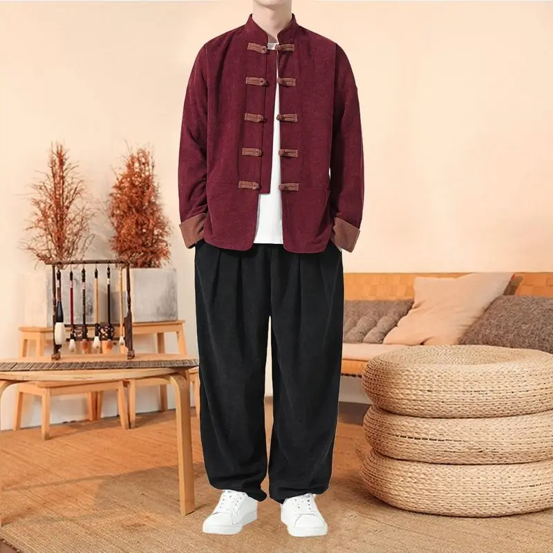 Chinese Style Tracksuit Spring Corduroy Two-piece Set Casual Tang Suit Men's Coat Zhongshan Suit Ancient Buckle Training Wear