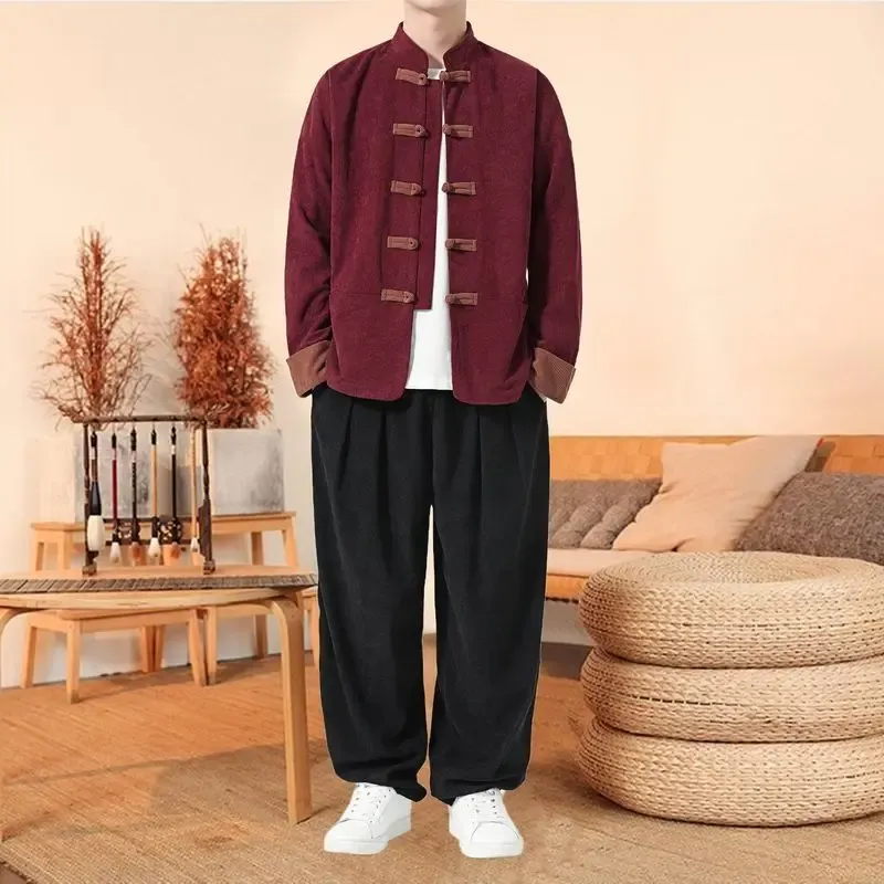 Chinese Style Tracksuit Spring Corduroy Two-piece Set Casual Tang Suit Men's Coat Zhongshan Suit Ancient Buckle Training Wear