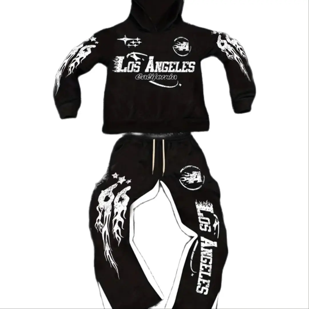 Men's Street - style Casual and Stylish Hooded Set with Black - and - White Color Blocking and Los Angeles Alphabet Print