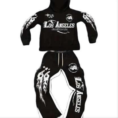 Men's Street - style Casual and Stylish Hooded Set with Black - and - White Color Blocking and Los Angeles Alphabet Print