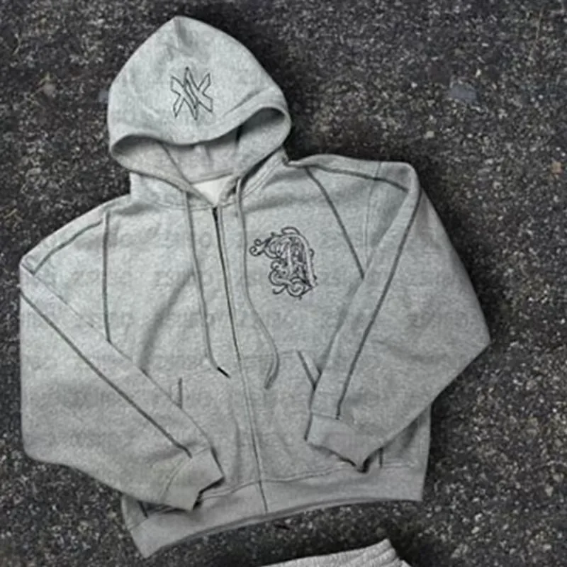 American Y2K Casual Zipper Hoodie Sweatpant Two Piece Set HipHop Oversized Embroidery Sweatshirts Men Women Casual Pants