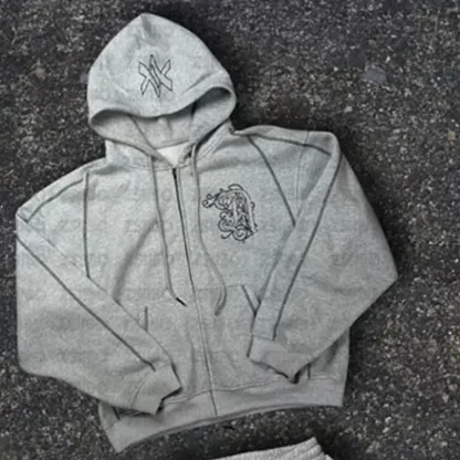 American Y2K Casual Zipper Hoodie Sweatpant Two Piece Set HipHop Oversized Embroidery Sweatshirts Men Women Casual Pants