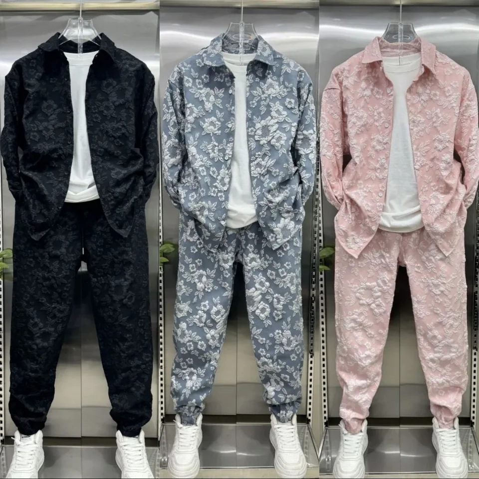 Men's Autumn Fashion Three-Dimensional Embossed Jacquard Shirt Jacket And Trousers Two-Piece Leisure Sports Suit