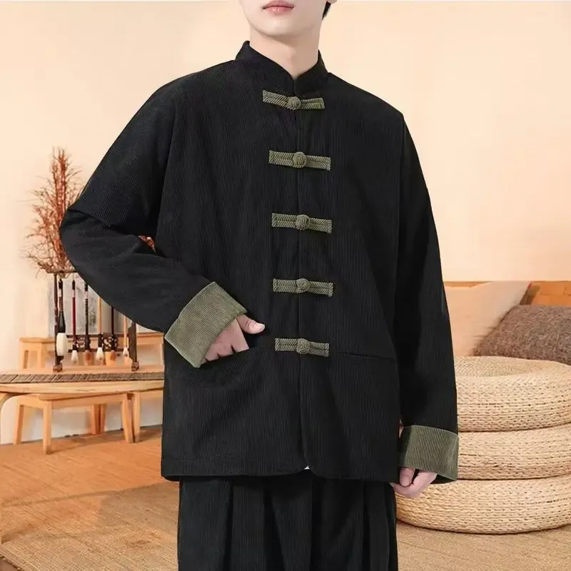 Chinese Style Tracksuit Spring Corduroy Two-piece Set Casual Tang Suit Men's Coat Zhongshan Suit Ancient Buckle Training Wear
