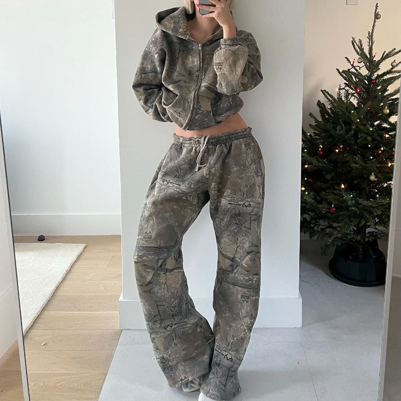 2 Pcs Outerwear Co-ords Y2K Retro Camo Men Zipper Hoodie Camouflage Pattern Streetwear Hip Hop Unisex Oversized Sweatshirt Sets
