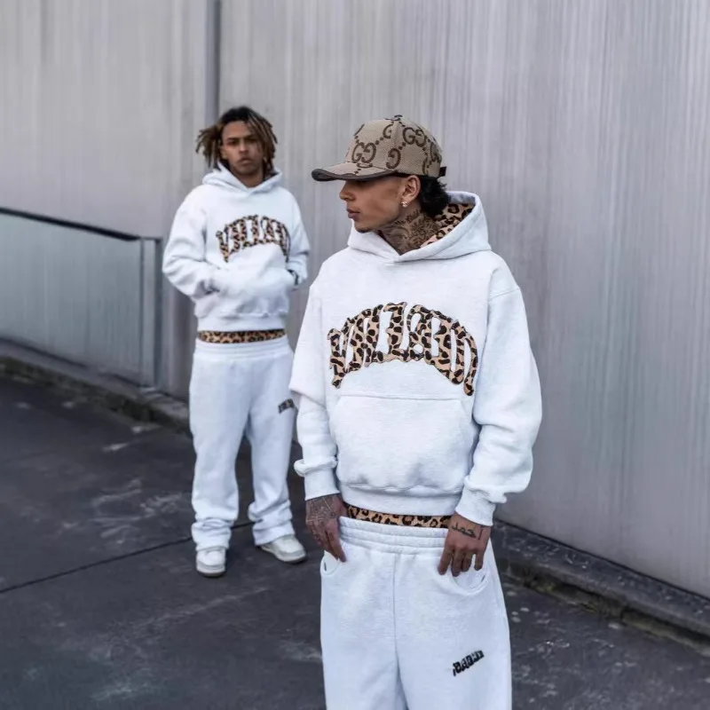 High street fashion leopard print letter embroidered men sportswear suit Y2K American casual retro hoodie trend loose clothing