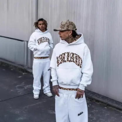 High street fashion leopard print letter embroidered men sportswear suit Y2K American casual retro hoodie trend loose clothing