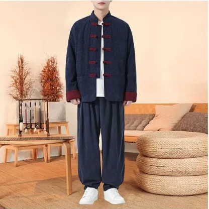 Chinese Style Tracksuit Spring Corduroy Two-piece Set Casual Tang Suit Men's Coat Zhongshan Suit Ancient Buckle Training Wear