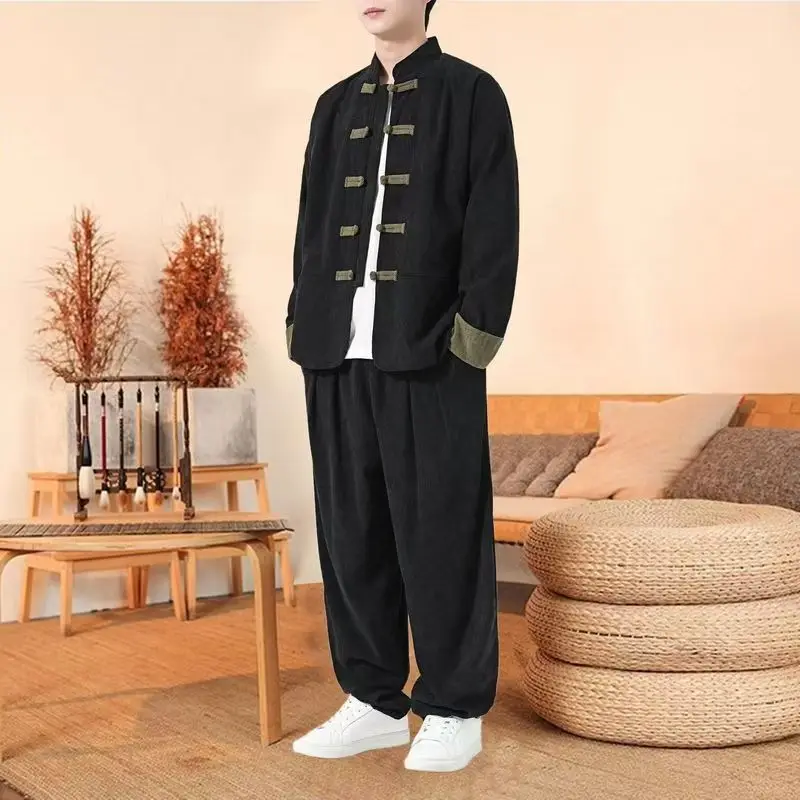 Chinese Style Tracksuit Spring Corduroy Two-piece Set Casual Tang Suit Men's Coat Zhongshan Suit Ancient Buckle Training Wear