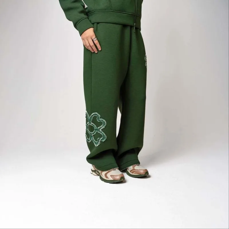 Olive Green Embroidered Zip Hoodie & Pants Set Men Streetwear Trendy Loose Casual 2-Piece Tracksuit New 2025 Fashion