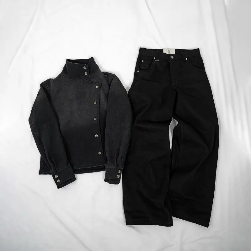 Y2k Fencing Jacket Set Retro Washed Gradient Jacket Selvedge Baggy Jeans High Street Harajuku Streetwear Unisex Boxy Casual Suit
