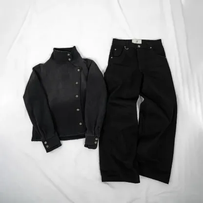 Y2k Fencing Jacket Set Retro Washed Gradient Jacket Selvedge Baggy Jeans High Street Harajuku Streetwear Unisex Boxy Casual Suit