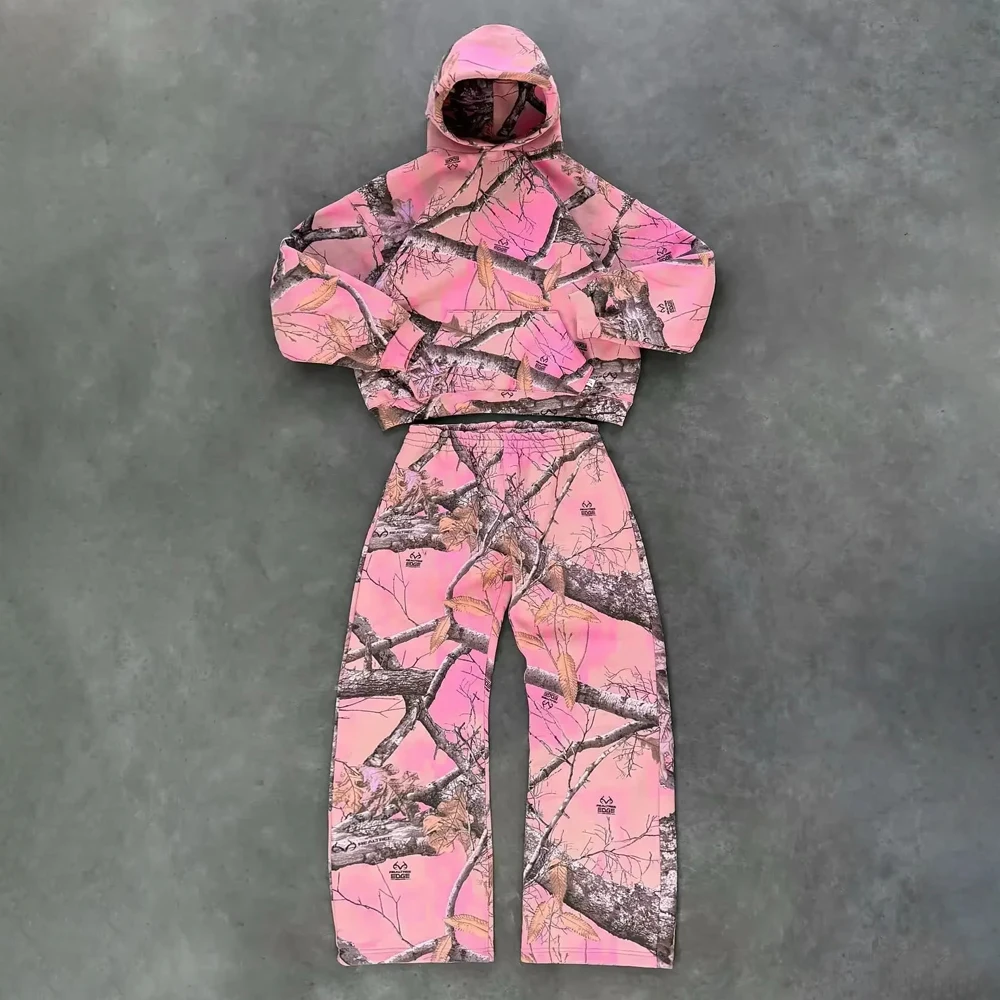 Y2K Retro Hoodie Men Camouflage Pattern Sweatshirt High Street Hip Hop Streetwear Oversized Unisex Gothic Pink Camo Pants Women