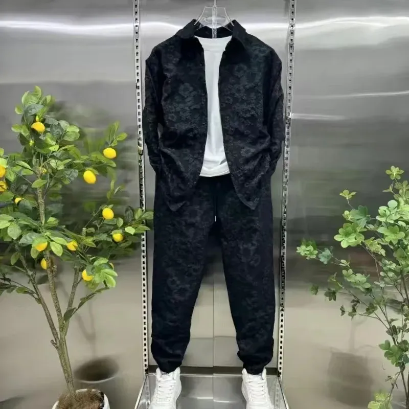 Men's Autumn Fashion Three-Dimensional Embossed Jacquard Shirt Jacket And Trousers Two-Piece Leisure Sports Suit