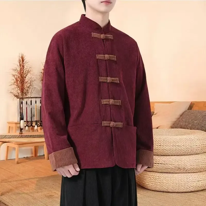Chinese Style Tracksuit Spring Corduroy Two-piece Set Casual Tang Suit Men's Coat Zhongshan Suit Ancient Buckle Training Wear
