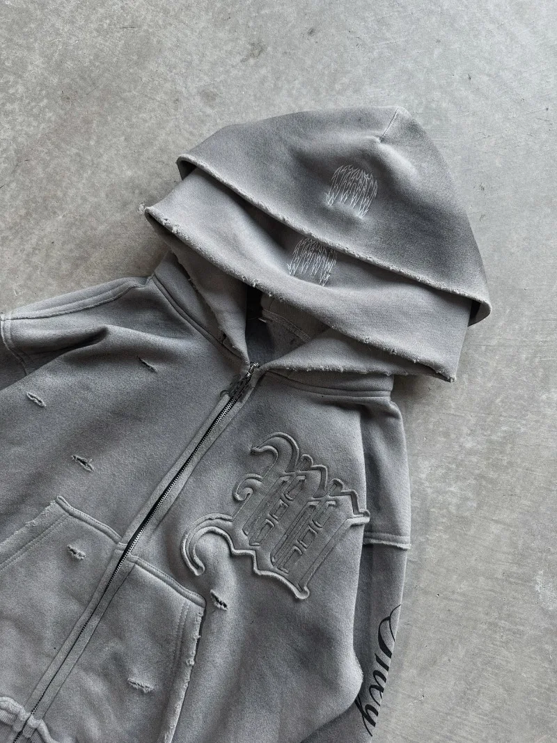 Y2K Harajuku Punk Gothic Loose Hooded Sweatshirt American Embroidered Patch Casual Double Hooded High Street Retro Sports Sui