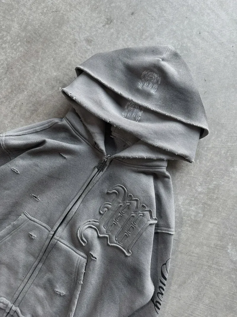 Y2K Harajuku Punk Gothic Loose Hooded Sweatshirt American Embroidered Patch Casual Double Hooded High Street Retro Sports Sui