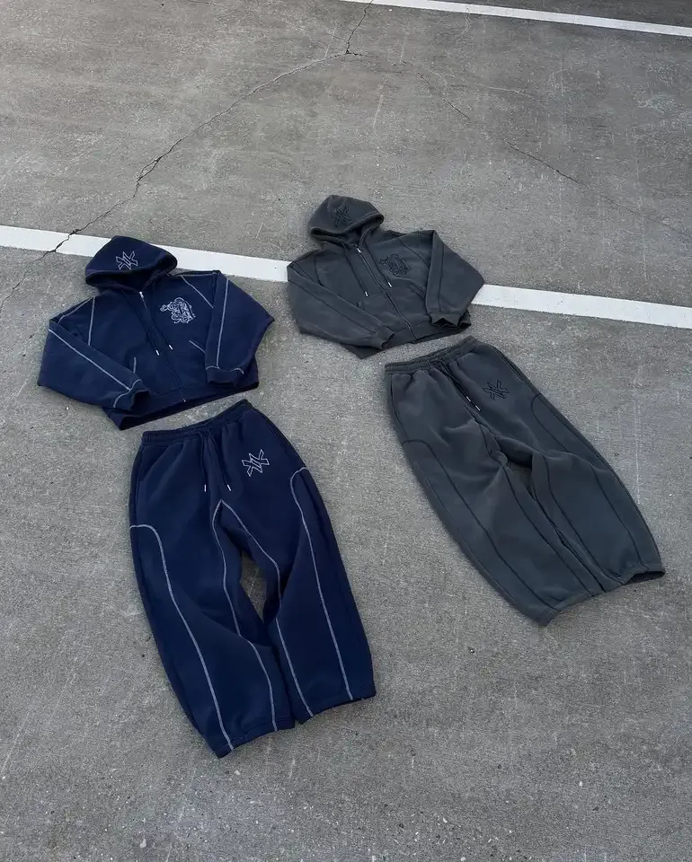 American Y2K Casual Zipper Hoodie Sweatpant Two Piece Set HipHop Oversized Embroidery Sweatshirts Men Women Casual Pants