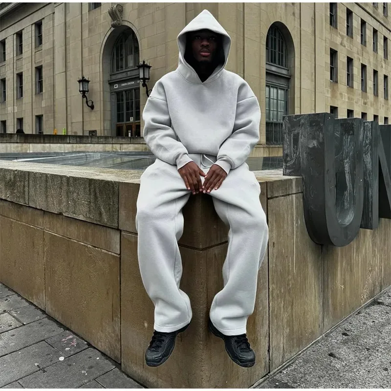 Men's Oversized Fleece Tracksuit 2-Piece Set Loose Hoodie & Jogger Pants Streetwear Casual Loungewear for Daily Wear