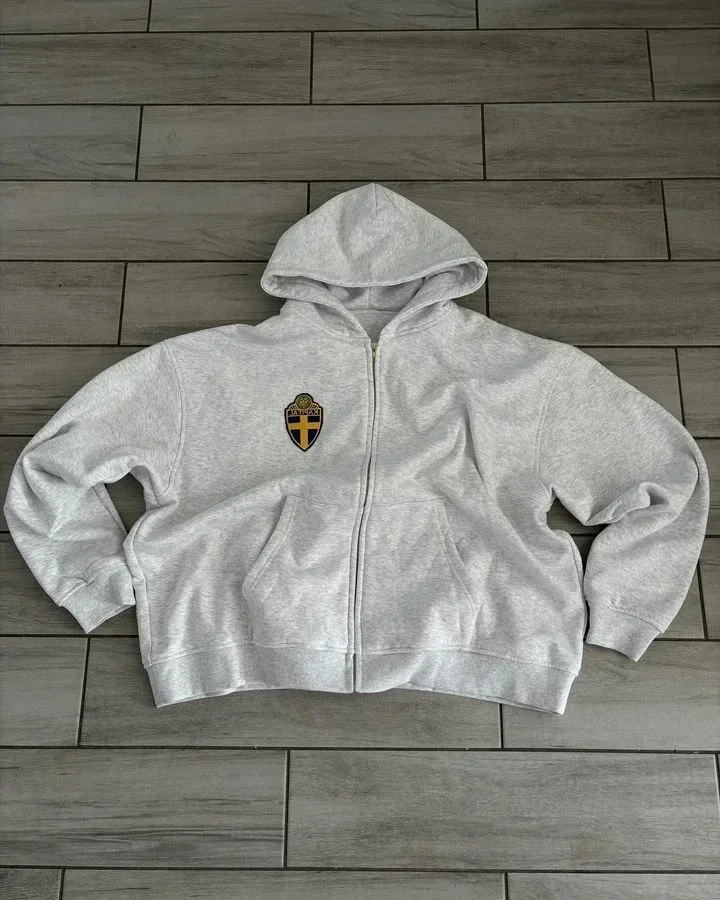 Y2K Zip Hooded Sweatpants Set Men Two Piece Hip Hop Embroidered Vintage Stripe Oversized Hooded Sweatshirt Casual Pants Set