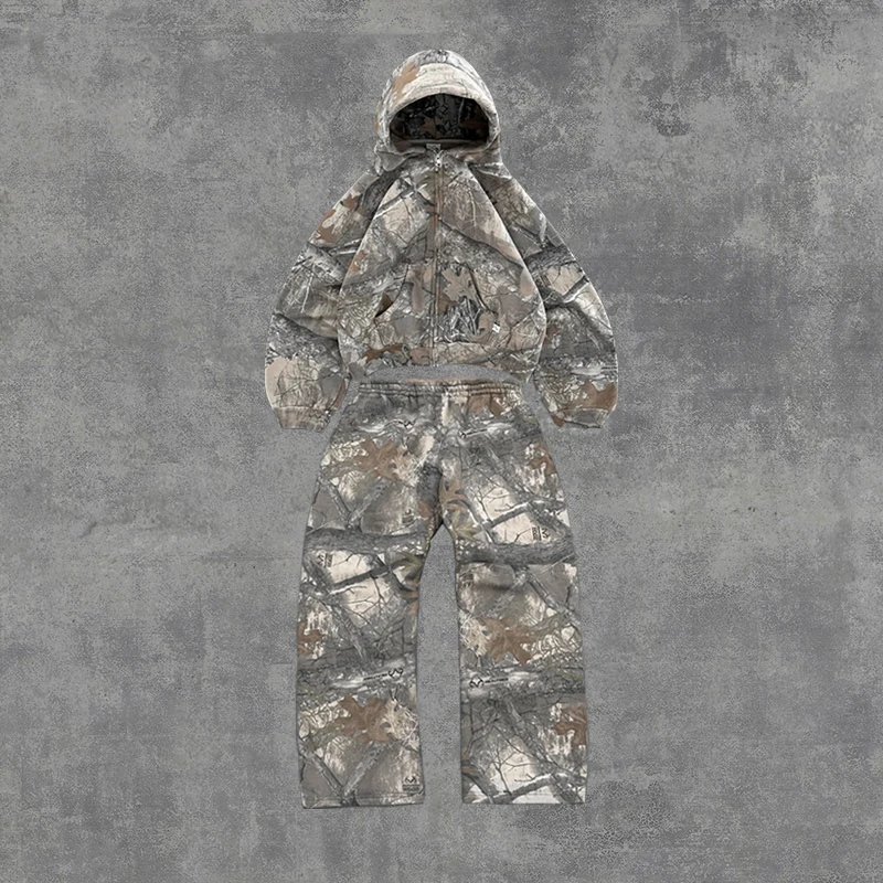 2 Pcs Outerwear Co-ords Y2K Retro Camo Men Zipper Hoodie Camouflage Pattern Streetwear Hip Hop Unisex Oversized Sweatshirt Sets