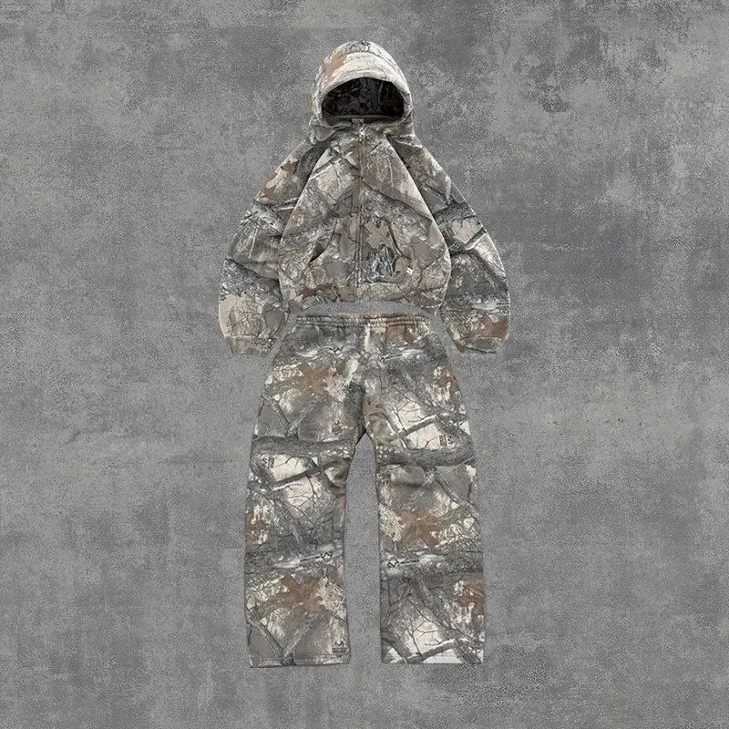2 Pcs Outerwear Co-ords Y2K Retro Camo Men Zipper Hoodie Camouflage Pa