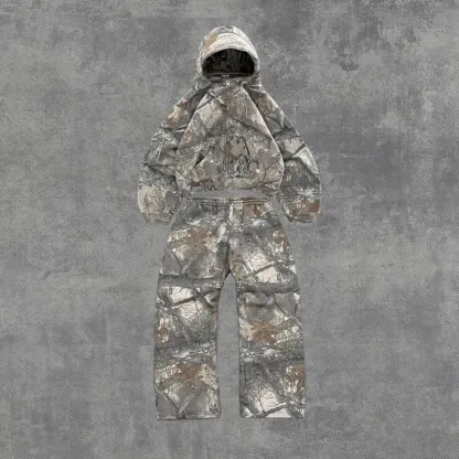 2 Pcs Outerwear Co-ords Y2K Retro Camo Men Zipper Hoodie Camouflage Pattern Streetwear Hip Hop Unisex Oversized Sweatshirt Sets