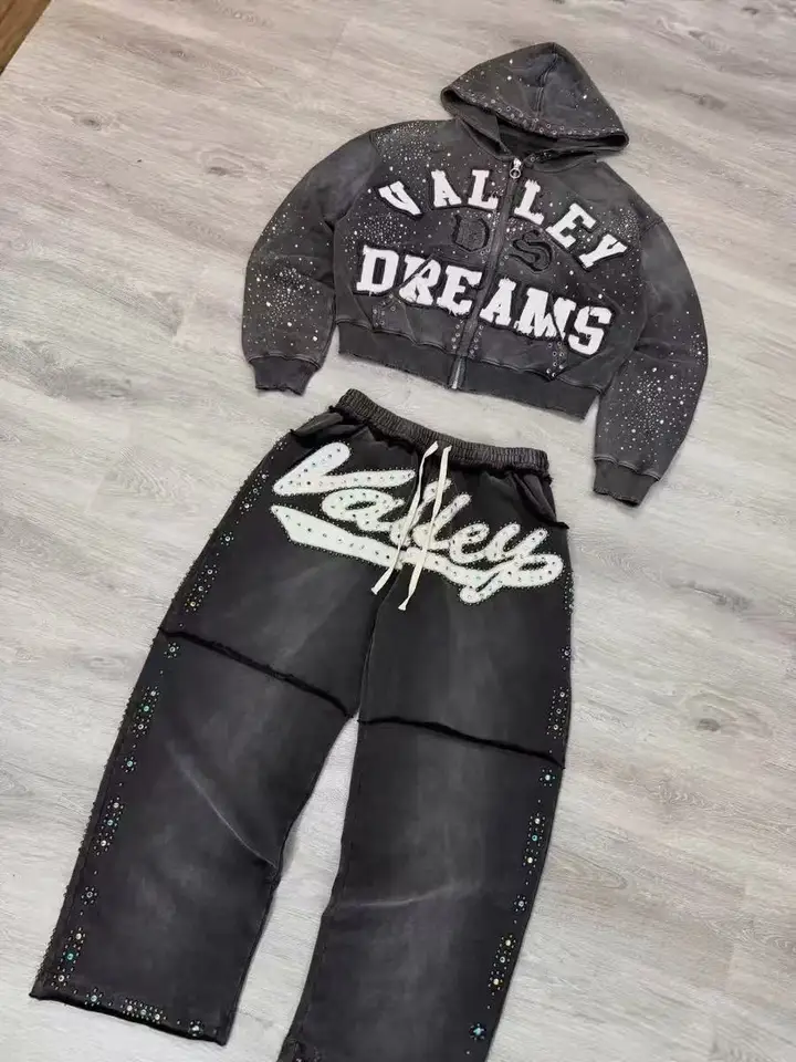 Y2K New American Gothic Punk Sportswear Two Piece Set Unisex Hip Hop Rock Patch Print Loose Zip Hoodie Fashion Casual Sweatpants