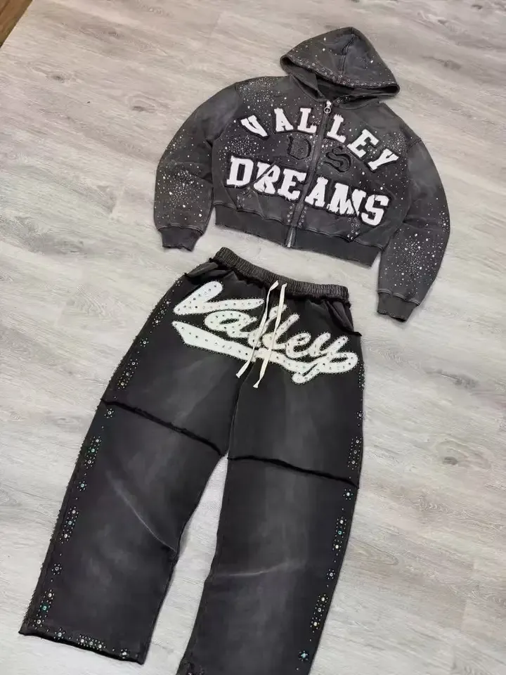 Y2K New American Gothic Punk Sportswear Two Piece Set Unisex Hip Hop Rock Patch Print Loose Zip Hoodie Fashion Casual Sweatpants