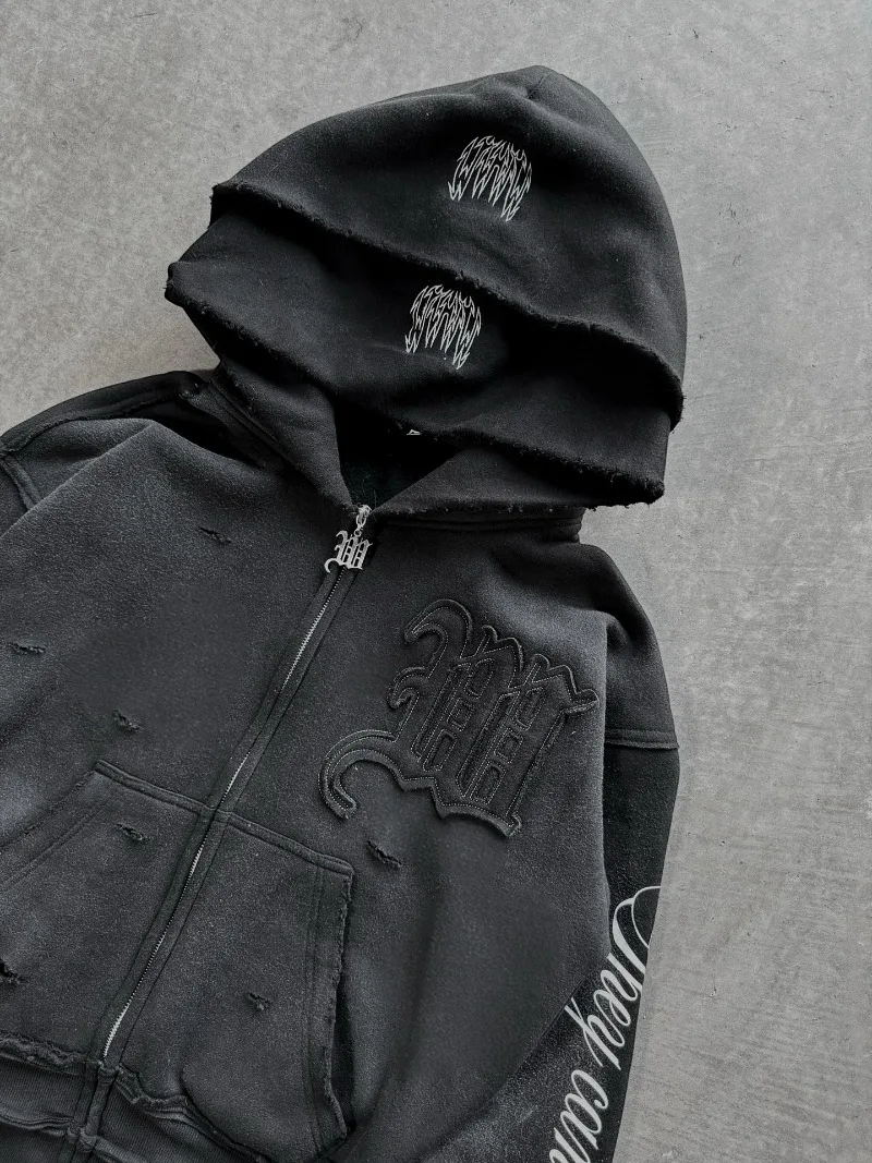 Y2K Harajuku Punk Gothic Loose Hooded Sweatshirt American Embroidered Patch Casual Double Hooded High Street Retro Sports Sui