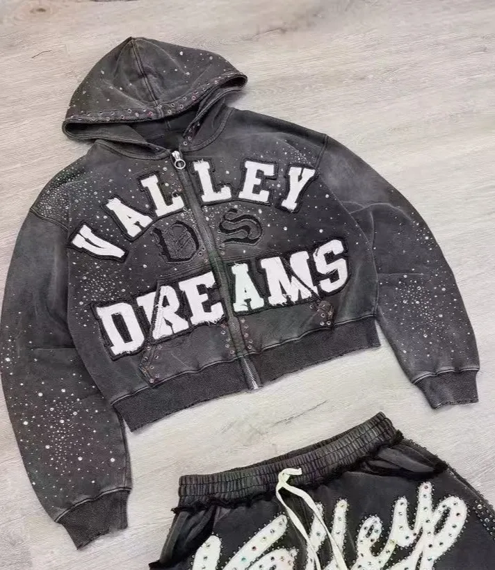 Y2K New American Gothic Punk Sportswear Two Piece Set Unisex Hip Hop Rock Patch Print Loose Zip Hoodie Fashion Casual Sweatpants