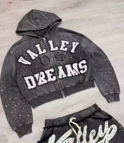 Y2K New American Gothic Punk Sportswear Two Piece Set Unisex Hip Hop Rock Patch Print Loose Zip Hoodie Fashion Casual Sweatpants