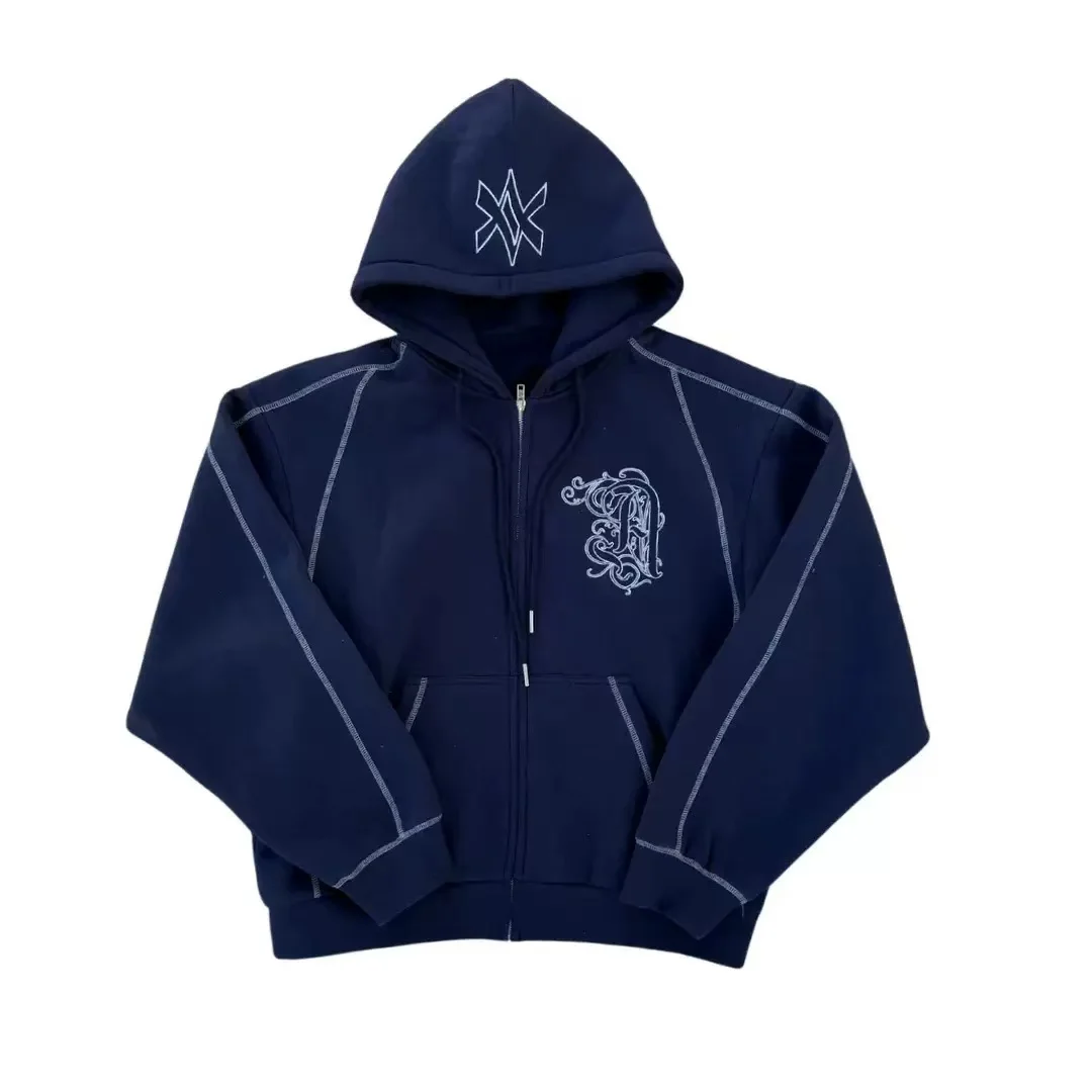 American Y2K Casual Zipper Hoodie Sweatpant Two Piece Set HipHop Oversized Embroidery Sweatshirts Men Women Casual Pants