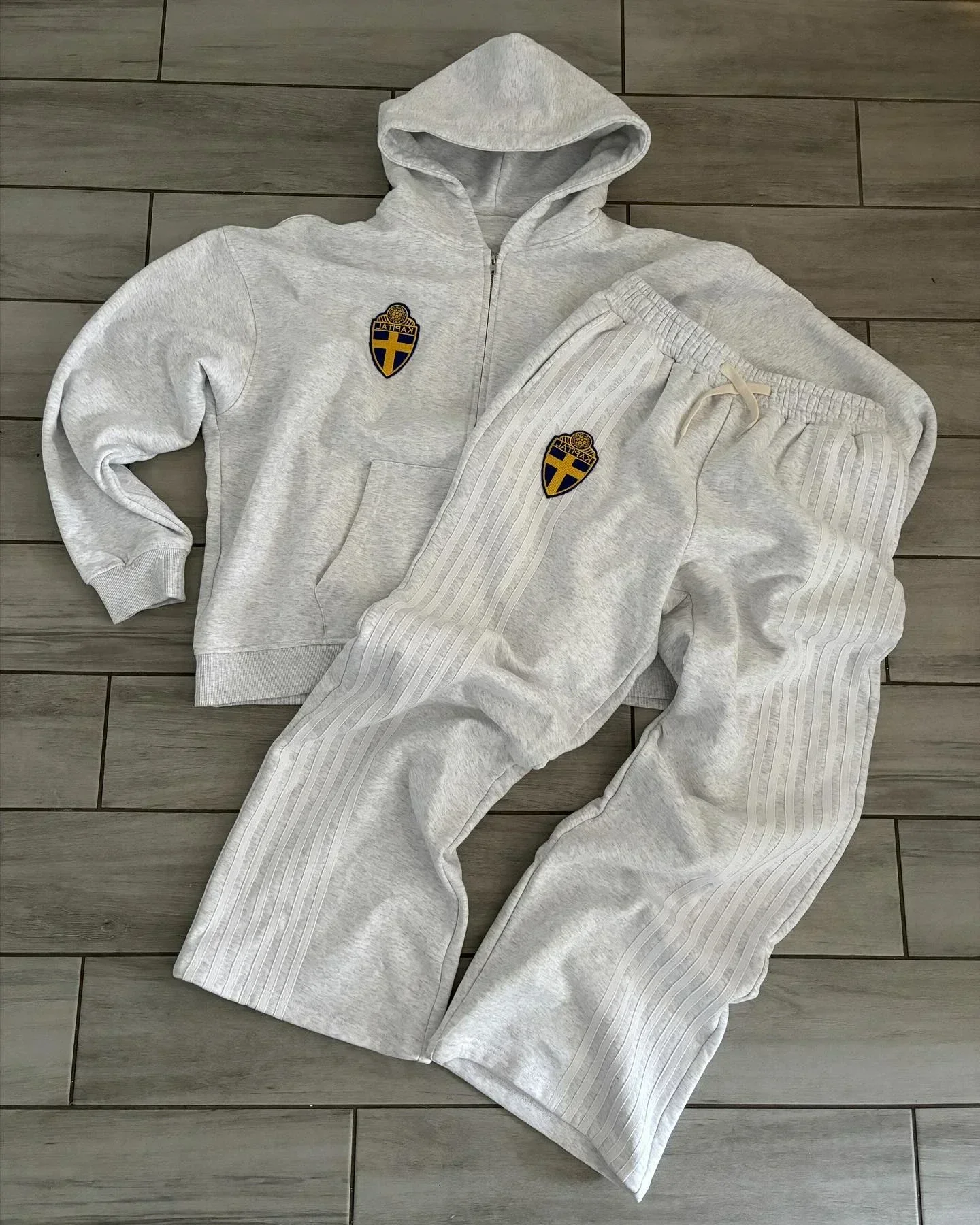 Y2K Zip Hooded Sweatpants Set Men Two Piece Hip Hop Embroidered Vintage Stripe Oversized Hooded Sweatshirt Casual Pants Set