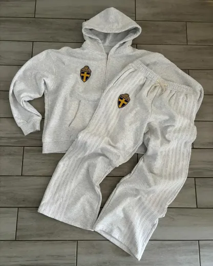 Y2K Zip Hooded Sweatpants Set Men Two Piece Hip Hop Embroidered Vintage Stripe Oversized Hooded Sweatshirt Casual Pants Set
