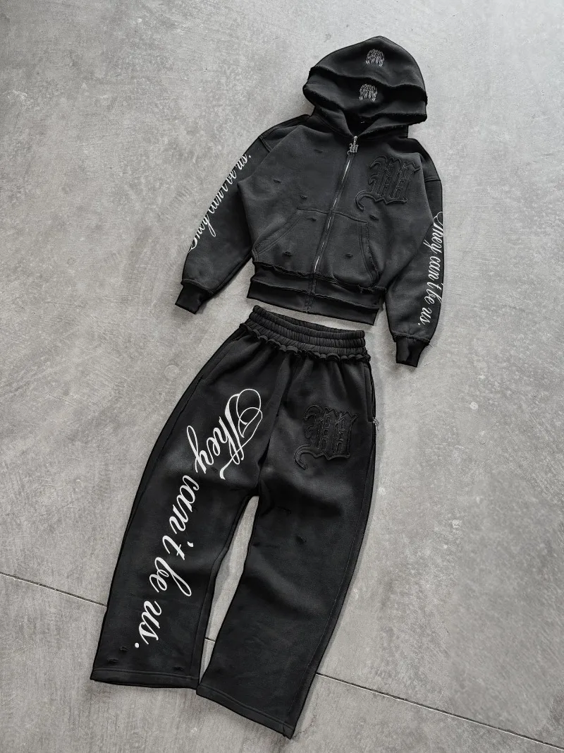 Y2K Harajuku Punk Gothic Loose Hooded Sweatshirt American Embroidered Patch Casual Double Hooded High Street Retro Sports Sui