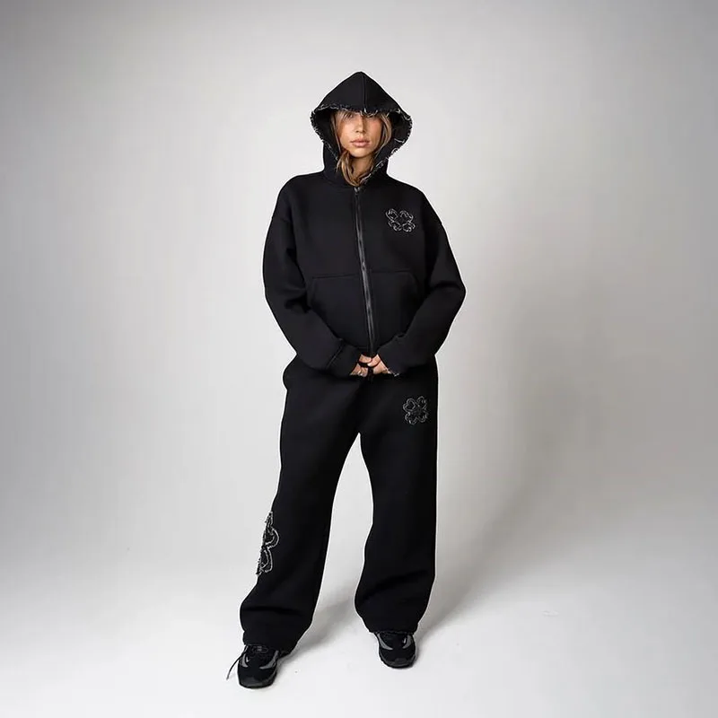 Olive Green Embroidered Zip Hoodie & Pants Set Men Streetwear Trendy Loose Casual 2-Piece Tracksuit New 2025 Fashion