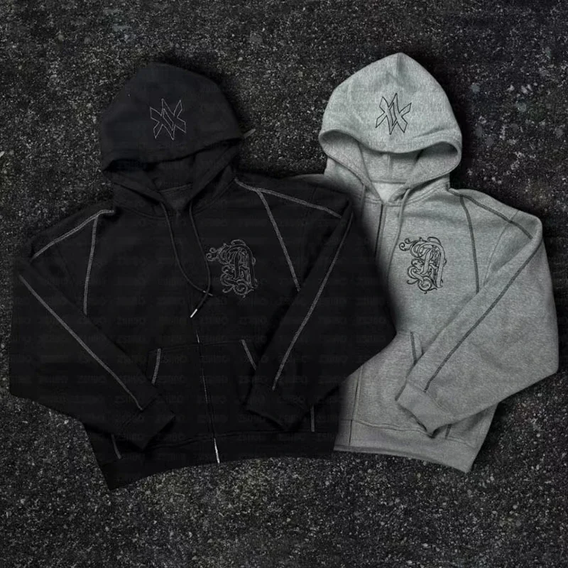 American Y2K Casual Zipper Hoodie Sweatpant Two Piece Set HipHop Oversized Embroidery Sweatshirts Men Women Casual Pants
