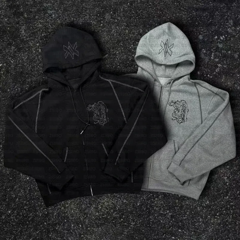 American Y2K Casual Zipper Hoodie Sweatpant Two Piece Set HipHop Oversized Embroidery Sweatshirts Men Women Casual Pants