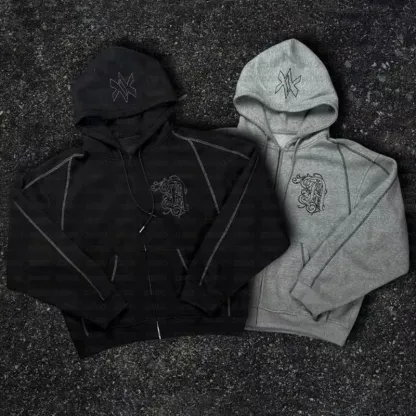 American Y2K Casual Zipper Hoodie Sweatpant Two Piece Set HipHop Oversized Embroidery Sweatshirts Men Women Casual Pants